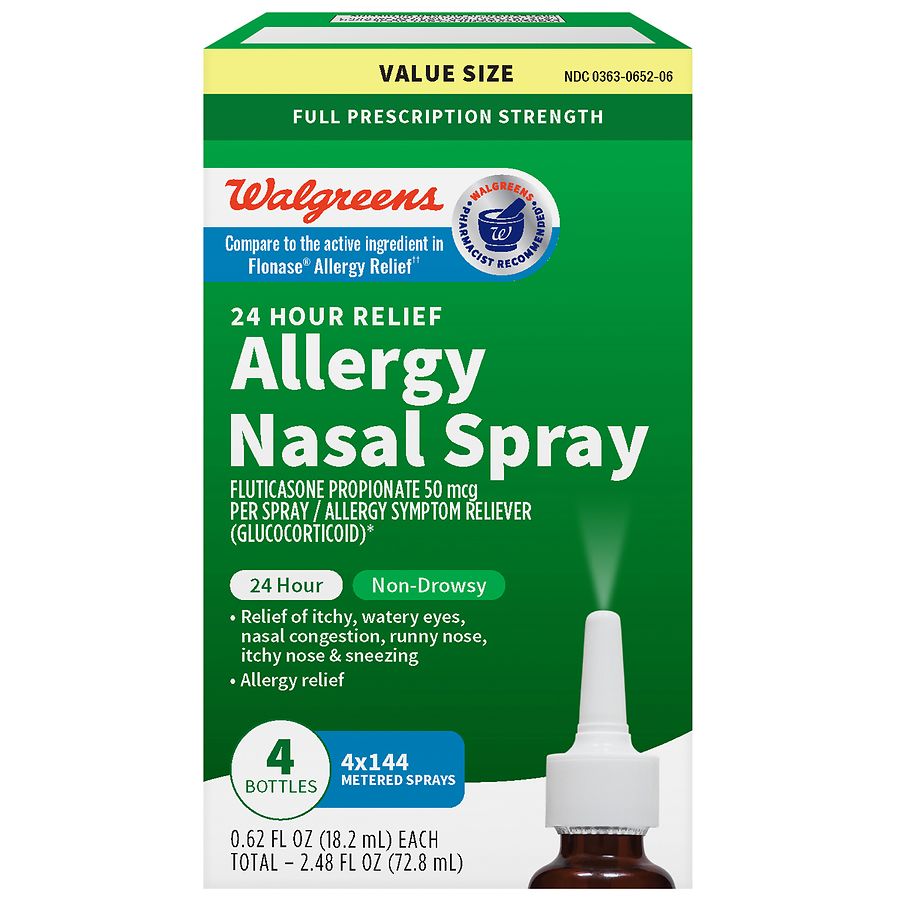 Walgreens Brand 24 Hour Allergy Nasal Spray, Fluticasone Propionate0.62fl oz 4 bottles in a pack $22.39 Free Store PU Walgreens