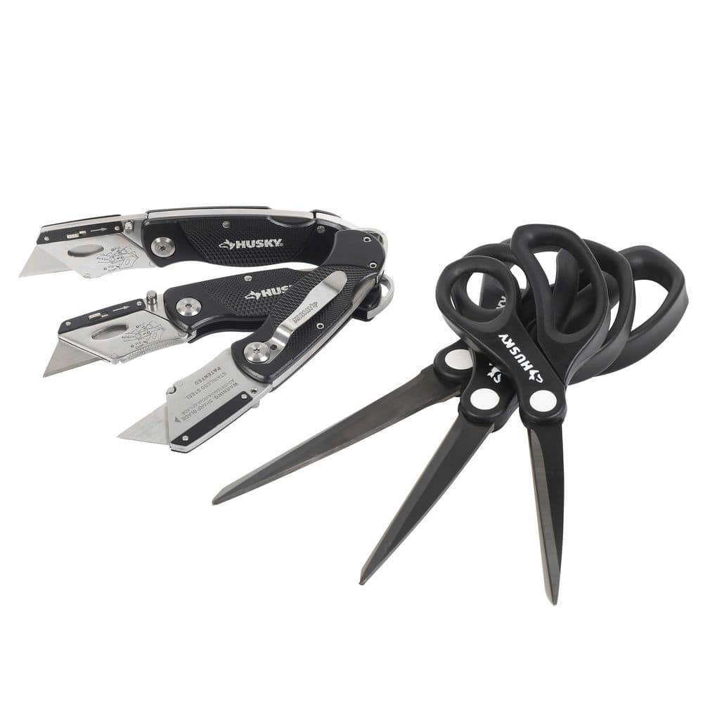 Husky Titanium Scissor Set and 3-Pack Folding Lock Back Utility Knife, $18.99, free shipping, Home Depot