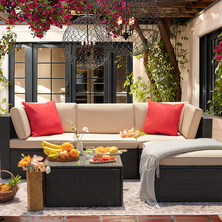 Brayden Studio Huang 4-Person Sectional Outdoor Seating Group w/ Cushions (Beige/Red, Brown Frame) $265.03 + Free Shipping