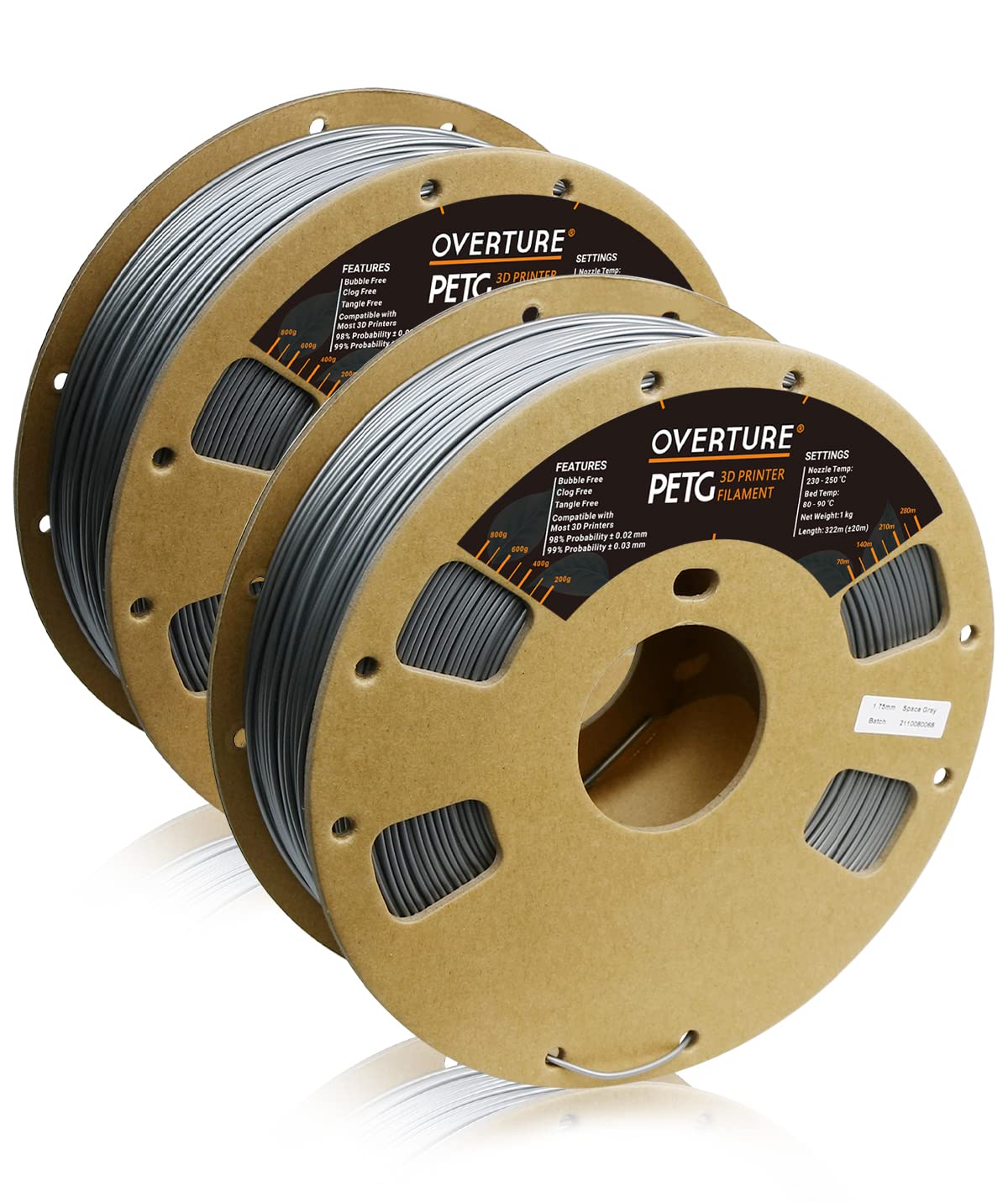 OVERTURE PETG Filament 1.75mm, 3D Printer Consumables, 2kg Filament (4.4lbs), Dimensional Accuracy 99% Probability +/- 0.03 mm, Fit Most FDM Printer (Space Gray (2-Pack)) $18.99