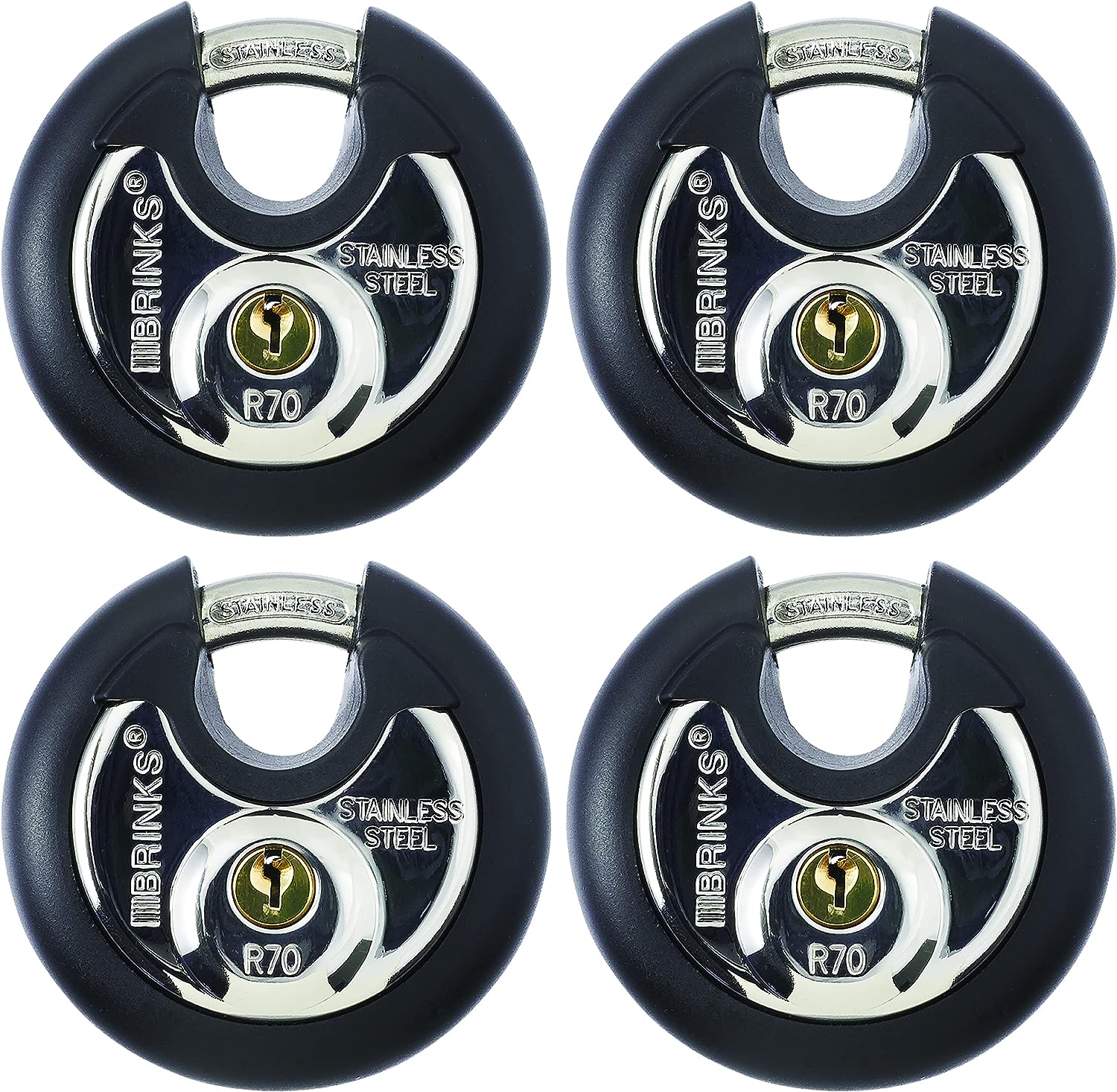 4-Pack Brinks Commercial Stainless Steel 70mm Keyed Discus Padlock w/ Boron Shackle (Black) $17 ($4.25 each) + Free Shipping w/ Prime or on $35+