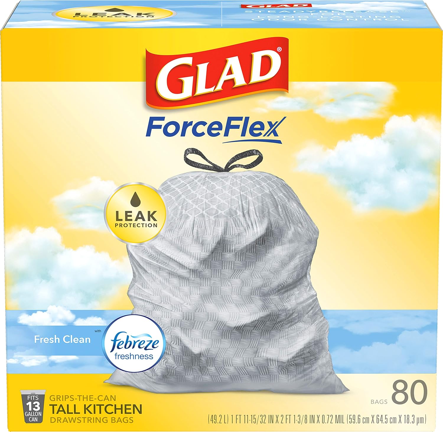 80-Count 13-Gallon Glad ForceFlex Tall Kitchen Drawstring Trash Bags (Febreze) $12.50 w/ S&S Free Shipping w/ Prime or on $35+