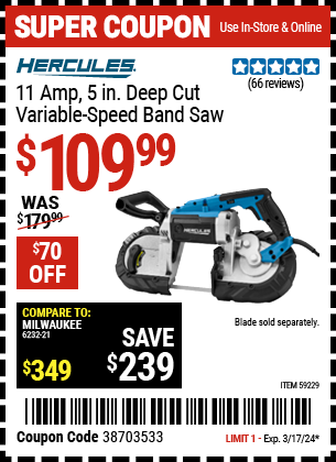 Hercules Metal Cutting Portable Corded Bandsaw & Bench Mount (makes complete mini bandsaw) $210 @ HF
