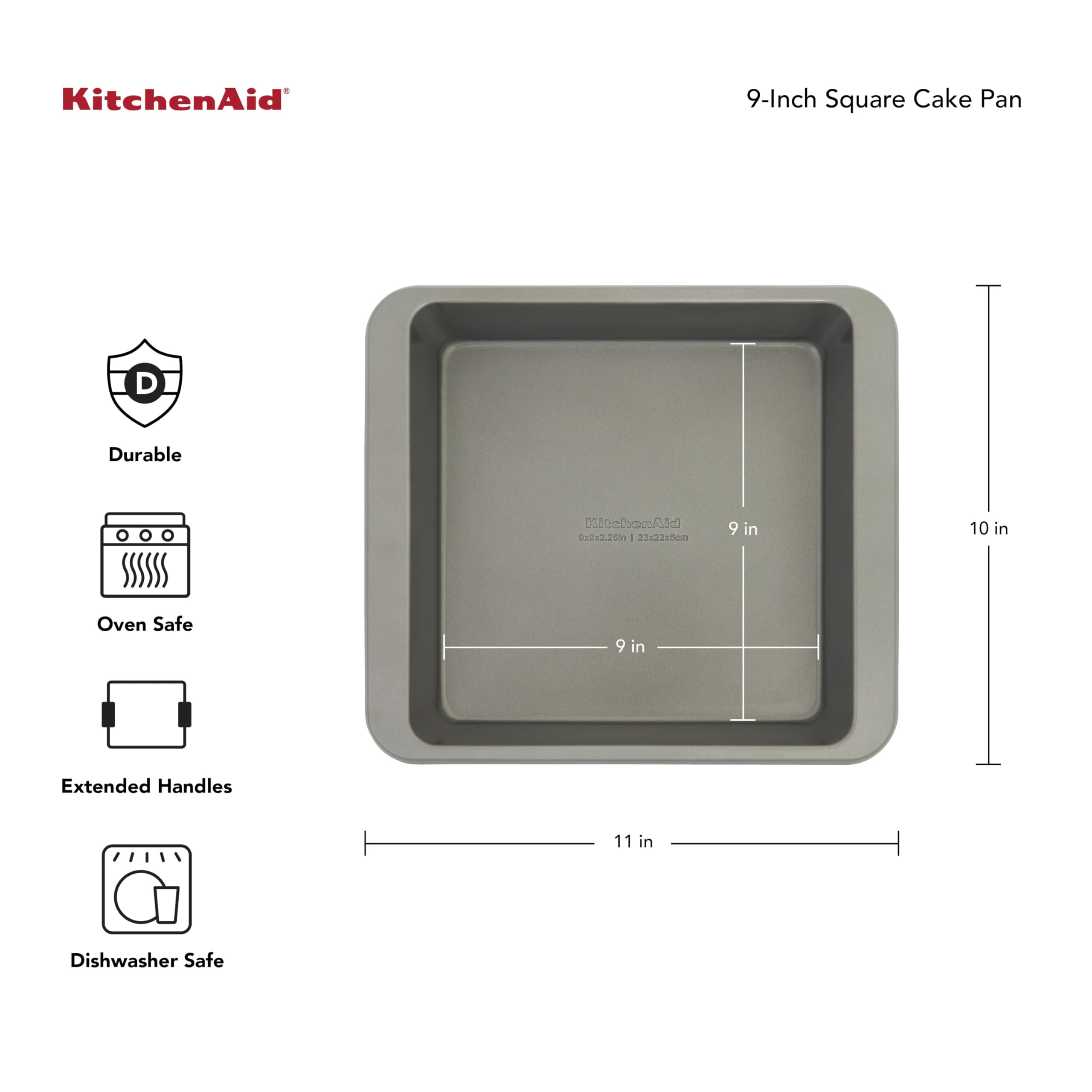 KitchenAid Nonstick 9 in Square Cake Pan with Extended Handles for Easy Grip, Aluminized Steel to Promoted Even Baking, Dishwasher Safe,Contour Silver $7.99