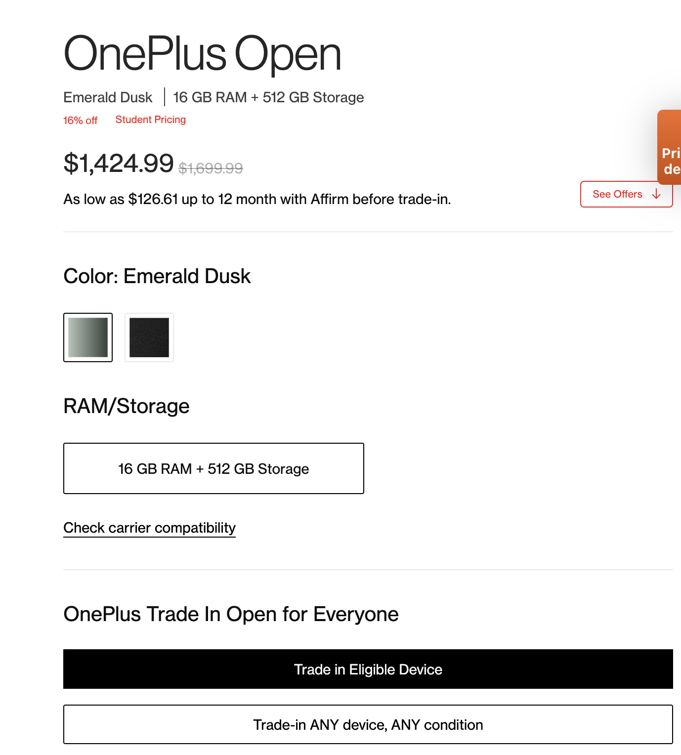 Oneplus Open 16/512 - $444 or more after Student discount