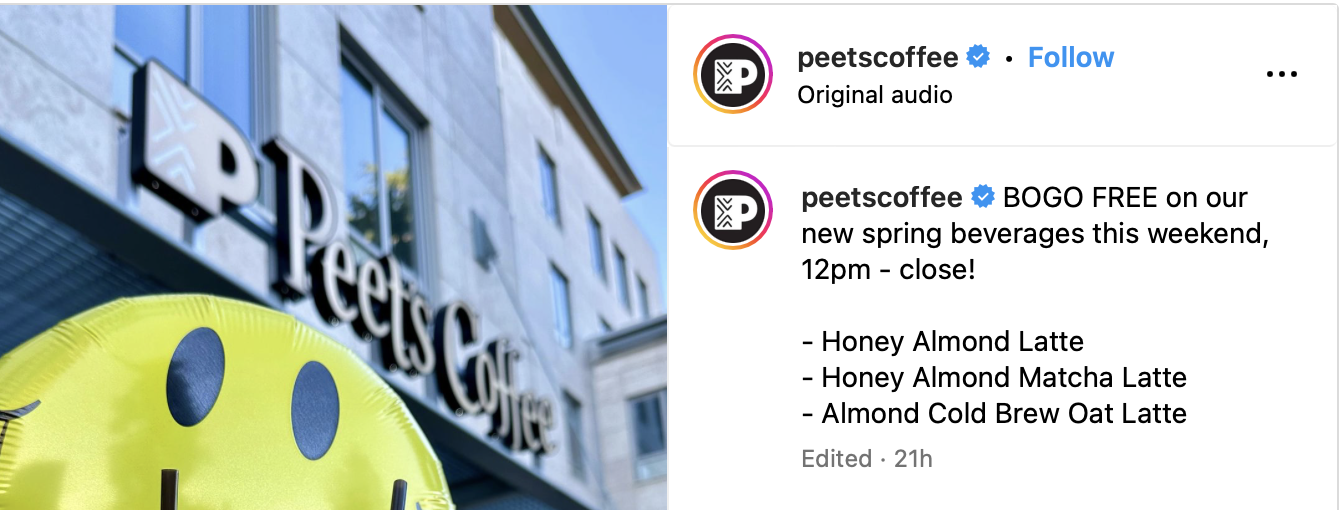 Peet's Coffee & Tea: BOGO SPRING handcrafted beverage, March 23 and March 24 only, 12pm - close