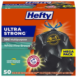 Hefty Ultra Strong Multipurpose Large Trash Bags, White Pine Breeze Scent, 30 Gallon, 50 Count